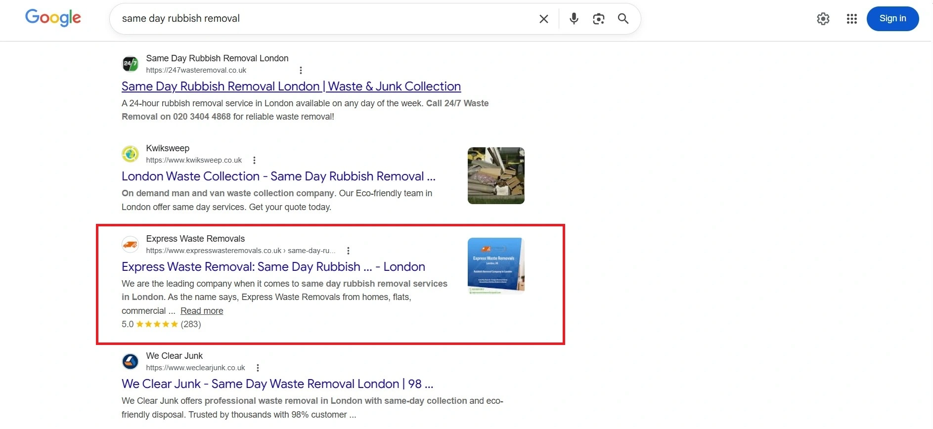 Same Day Rubbish Removal SERP Dominance